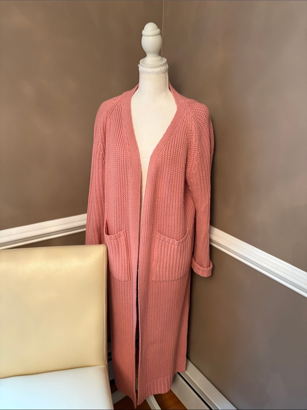 Long Open-Front Dusty Rose Women's Cardigan with Pockets